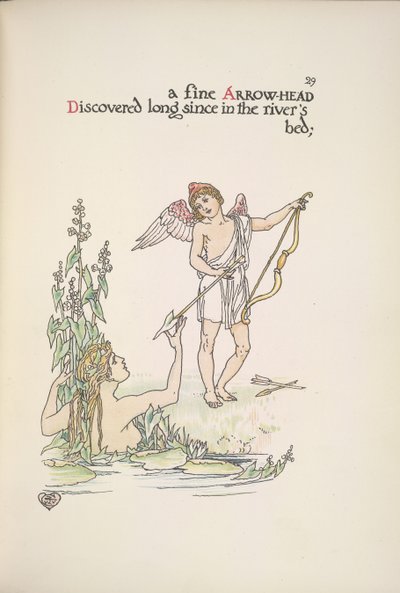 Um anjo segurando uma flecha, e uma senhora num rio ou lago de Walter Crane