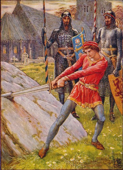Arthur tira a espada da pedra, 1911. de Walter Crane