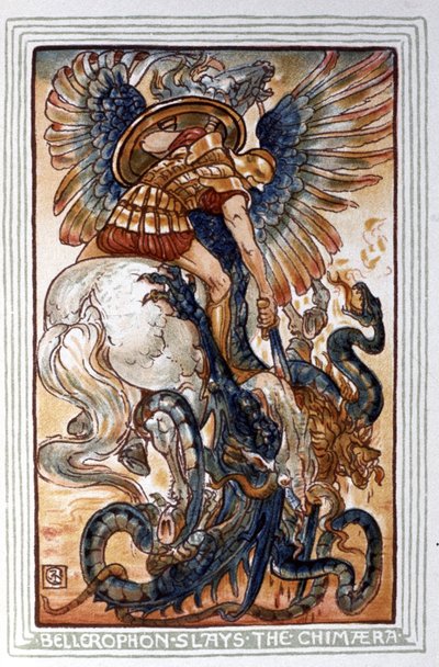 Bellerophon está a matar a Quimera, c. 1900 (ilustração) de Walter Crane