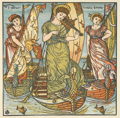 Ilustração a cores para "Vi três navios". Três mulheres, uma a tocar violino, de pé em navios. de Walter Crane