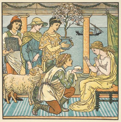 Ilustração a cores para "os quatro presentes". Quatro irmãos a dar presentes a uma jovem mulher. de Walter Crane
