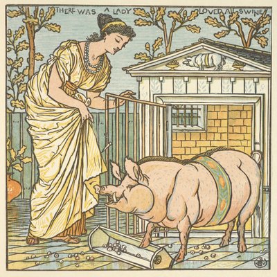 Ilustração a cores para "havia uma senhora que amava um porco". Uma mulher e um porco. de Walter Crane