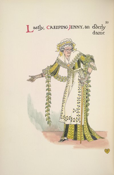 Jenny Rastejante. Uma senhora idosa que usa uma bengala de Walter Crane