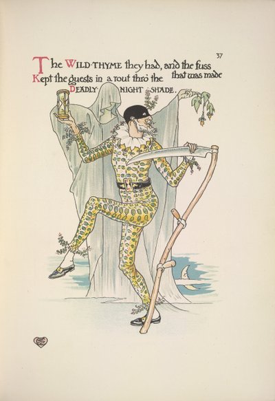Sombra nocturna mortífera. Um homem usando uma máscara, um fato amarelo e segurando um temporizador de ovo e uma foice de Walter Crane