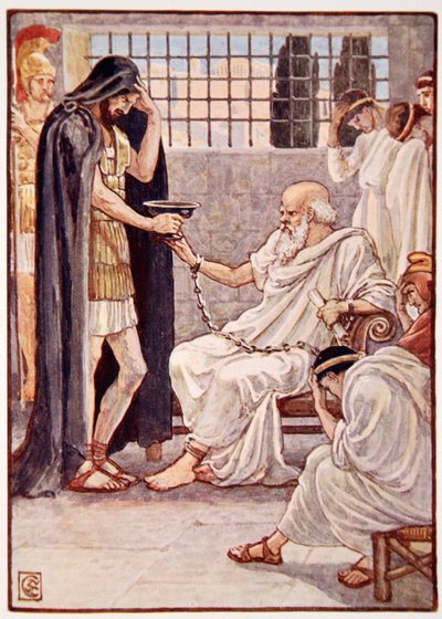 Ele bebeu o conteúdo como se fosse um esboço de vinho, ilustração de The Story of Greece de Mary Macgregor, 1a edição, 1913 (impressão colorida) de Walter Crane