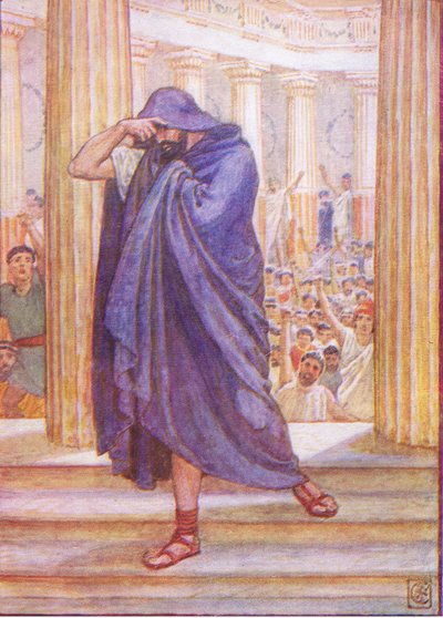 Ele deixou a Assembléia, escondendo o rosto em sua capa, ilustração da História da Grécia, década de 1930 de Walter Crane