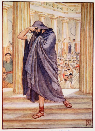 Ele deixou a assembléia escondendo seu rosto em sua capa, ilustração de A História da Grécia por Mary Macgregor, 1a edição, 1913 (impressão colorida) de Walter Crane