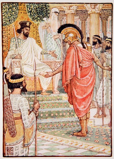 Ele ficou em silêncio diante do rei, ilustração de "A História da Grécia", de Mary Macgregor, 1a edição, 1913 (impressão colorida) de Walter Crane