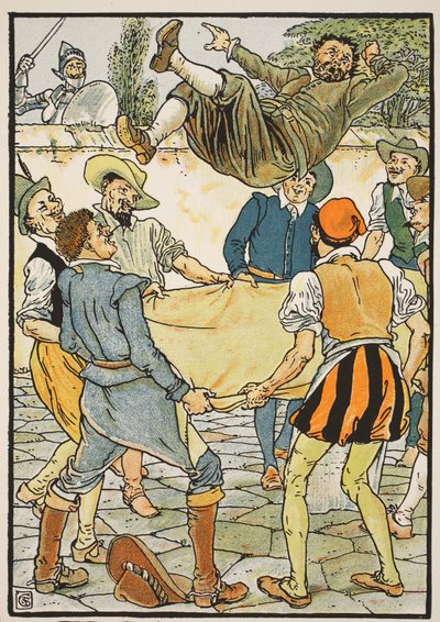 Como Sancho pagou a conta, ilustração de &39;Dom Quixote da Mancha&39; recontada pelo juiz Parry, pub. Blackie und Son Ltd, Londres, 1900 de Walter Crane