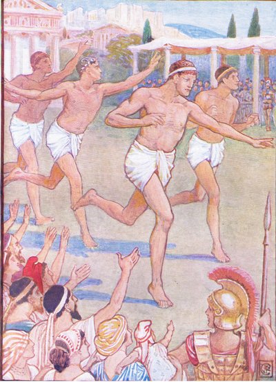Nos primeiros tempos, uma simples corrida foi o único evento, ilustração de A História da Grécia, década de 1930 de Walter Crane
