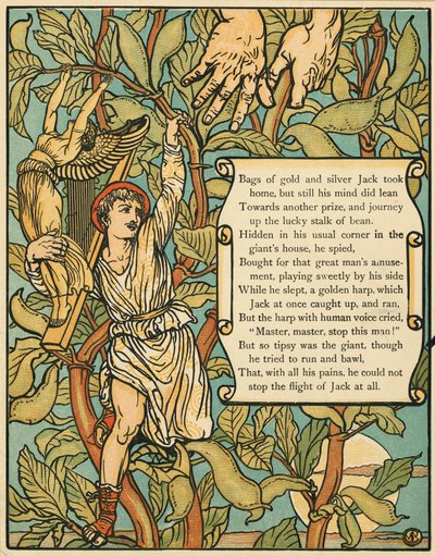 Jack a descer o pé de feijão do Jack e do bar Beanstalk. 1875 (cor litho) de Walter Crane