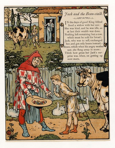 O Jack vende a sua vaca por feijões, de The Blue Beard Picture Book, pub. 1879 (cor litho) de Walter Crane