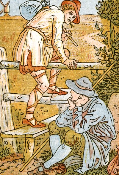Jog On, Jog On, ilustração de música de Pan-Pipes, Um livro de canções antigas, recém-arranjado e com acompanhamentos de Theo. Marzials, publicado em Londres por George Routledge & Sons, 1884 (de de Walter Crane