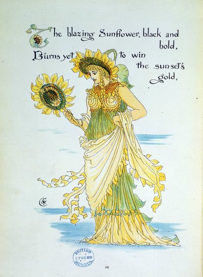 O girassol (sol) personificado numa jovem mulher vestida de amarelo e verde. Placa 36 de "Flora