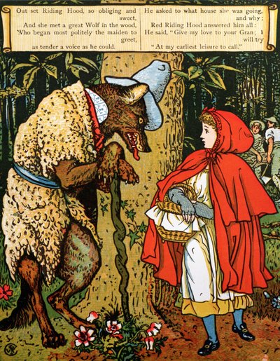 &39;Chapeuzinho Vermelho&39;, o lobo a abordando na floresta de Walter Crane