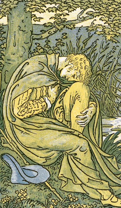Amante com a cabeça curvada em pesar, de &39;O Willow, Willow&39;, música folclórica tradicional inglesa, ilustração de &39;Pan-Pipes&39;, Um livro de canções antigas, recém-arranjado e com acompanhamentos de Theo. Pub de Marzials de Walter Crane