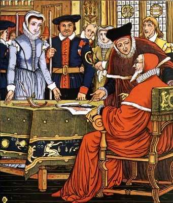 "A Sra. Margery é acusada de bruxaria": de "Little Goody Two Shoes". de Walter Crane