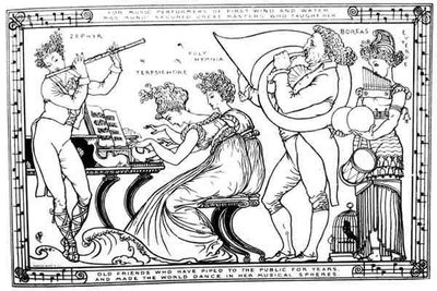 "Velhos Amigos que Ciparam para o Público durante anos, e Fizeram o Mundo Dançar nas Suas Esferas Musicais" (litho) (foto a p/b) de Walter Crane