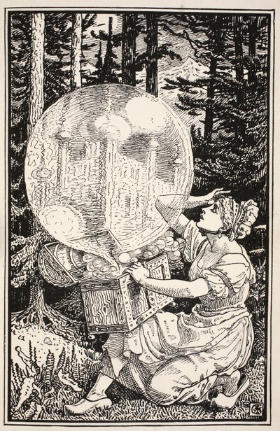 De lá saiu uma cúpula de vidro como uma bolha de sabão, erguendo-se no ar, ilustração do "Folk and Fairy Tales" de Mrs. Burton Harrison, 1885 de Walter Crane