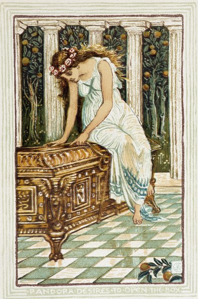 Pandora quer abrir o cofre - em "Um livro maravilhoso para raparigas e rapazes". de Walter Crane