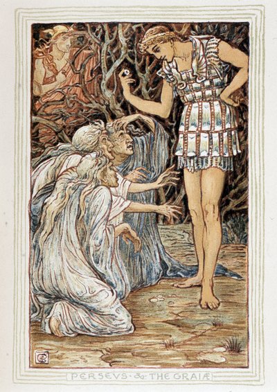 Persee and the Graia (Beotie, Grécia) - Ele conhece três mulheres idosas (bruxas?) - em "A wonder book for girls and boys" de Walter Crane (1845-1915) de Walter Crane