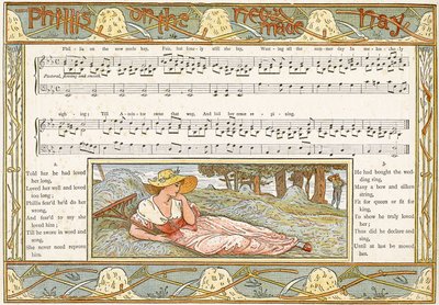 &39;Phillis no New Made Hay&39;, ilustração da música de &39;Pan-Pipes&39;, um livro de canções antigas, recentemente arranjado e com acompanhamentos por Theo. Marzials, publicado em Londres por George Routledge und Sons, 1884 ( de Walter Crane