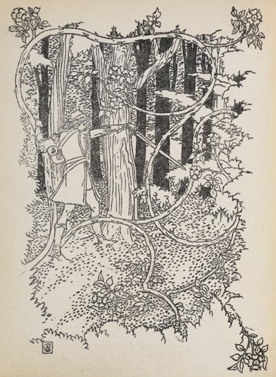 O Príncipe Encantado corta o seu caminho através da floresta sobrecoberta até à Bela Adormecida. de Walter Crane