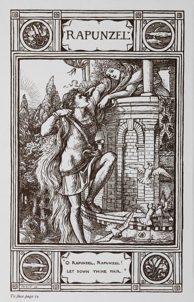 Rapunzel inclina-se para fora da janela de uma torre enquanto um príncipe sobe o seu cabelo. de Walter Crane