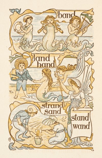 Palavras rimadas que terminam na letra D. Sereias. Crianças a construir castelos de areia numa praia. A cartilha dourada. de Walter Crane