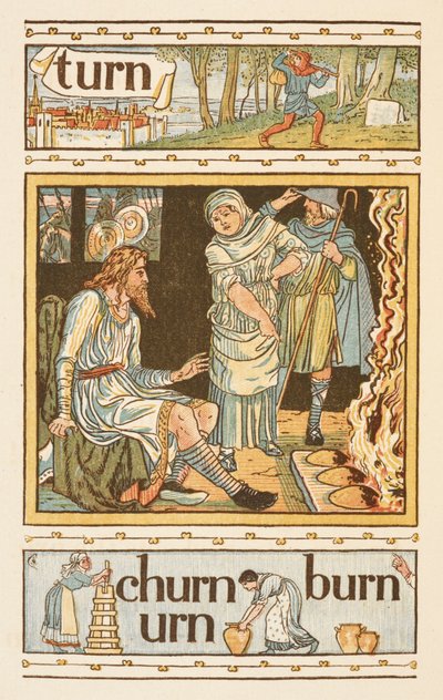 Palavras rimadas terminadas na letra N. Uma ilustração, mostrando
possivelmente, o Rei Alfred e os bolos em chamas. A cartilha dourada. de Walter Crane
