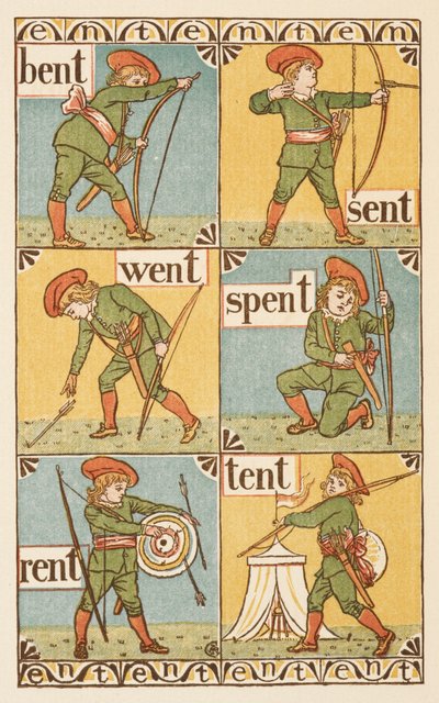 Palavras rimadas terminadas na letra T. Um rapaz com um arco e flecha. A cartilha dourada. de Walter Crane