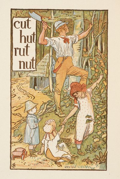 Palavras rimadas terminadas na letra T. Uma ilustração, mostrando um homem a cortar uma árvore. Três crianças estão com ele. A cartilha dourada. de Walter Crane