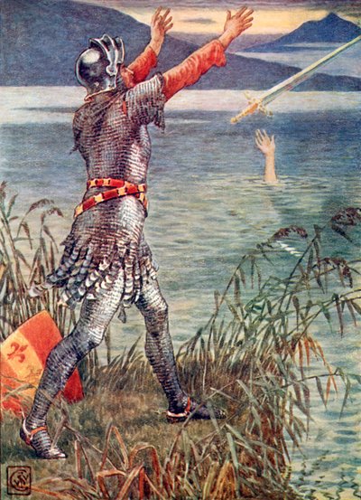 Sir Bedevere lança a espada Excalibur no lago de Walter Crane