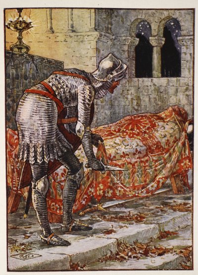 Sir Lancelot na Chapel Perilous, de "Histórias dos Cavaleiros da Távola Redonda" de Henry Gilbert, primeira edição, 1911 de Walter Crane