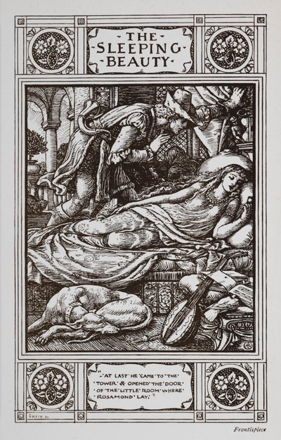 A Bela Adormecida está a dormir rodeada por um cão adormecido e um instrumento musical enquanto o Príncipe Encantado vela por ela. de Walter Crane