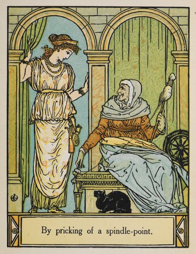 A Bela Adormecida fica ao lado de uma mulher idosa com uma roda e um fio. Um gato preto senta-se por baixo. de Walter Crane