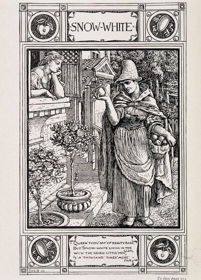 Branca de Neve e a bruxa que cuida da sua maçã - em "Household Stories from the collection of the Bros Grimm", traduzido do alemão por Lucy Crane, London mac millan & Co ltd de Walter Crane