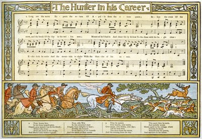 "O caçador em sua carreira", ilustração da canção de "Pan-Pipes", um livro de canções velhas, recentemente arranjado e com acompanhamentos por Theo. Marzials, publicado em Londres por George Routledge und Sons, 1884 (col de Walter Crane
