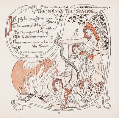O homem & a serpente, ilustração das fábulas de Aesops, bar. 1887 de Walter Crane