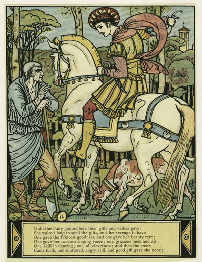 O Príncipe pede direcções, do The Blue Beard Picture Book, pub. 1879 (cor litho) de Walter Crane
