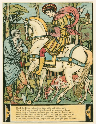 O príncipe pede direções, do livro The Blue Beard Picture Book, pub. Litografia colorida de 1879, 1879. de Walter Crane