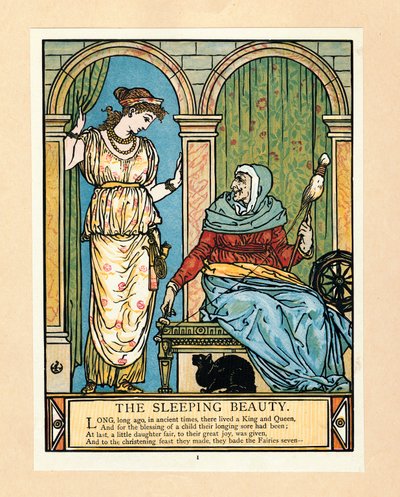 A princesa aprende a girar, no livro The Blue Beard Picture Book, pub. Litografia colorida de 1879, 1879. de Walter Crane