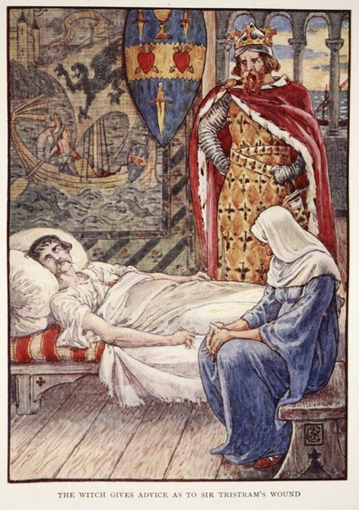 A Bruxa dá Conselhos sobre a Ferida de Sir Tristram, de "Histórias dos Cavaleiros da Távola Redonda" de Henry Gilbert, primeira edição, 1911 de Walter Crane