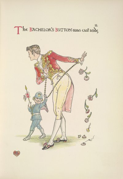 O botão do batchelor. Um jovem acorrentado às algemas; Cupido leva-o ao de Walter Crane