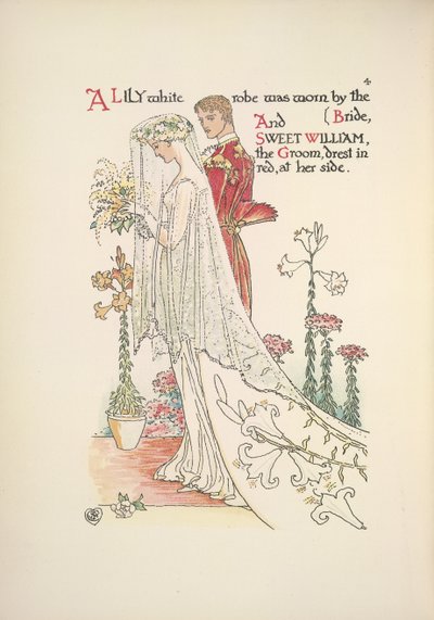 A noiva e o noivo. Um roupão branco de lírio usado pela noiva, e o doce William, o noivo, vestidos de vermelho de Walter Crane