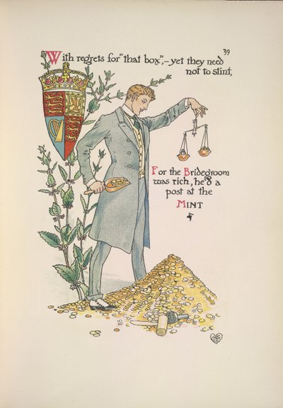 O noivo segurando um par de balanças que medem a sua riqueza de Walter Crane