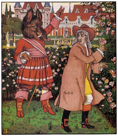 O pai da bela apanha rosas no jardim da beterraba. Ilustração de Walter Crane (1845-1915) em "A Bela e a Bete", Inglaterra de Walter Crane