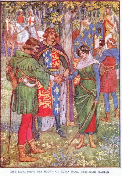 O rei se junta às mãos de Robin Hood e Maid Marian, c.1920 de Walter Crane