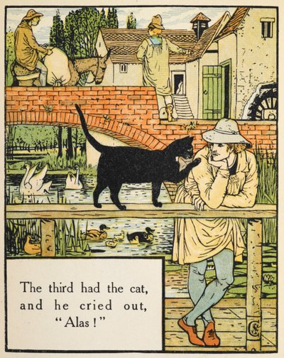 O terceiro tinha o gato, e ele gritou, "infelizmente!
O filho do Miller e o seu gato. de Walter Crane