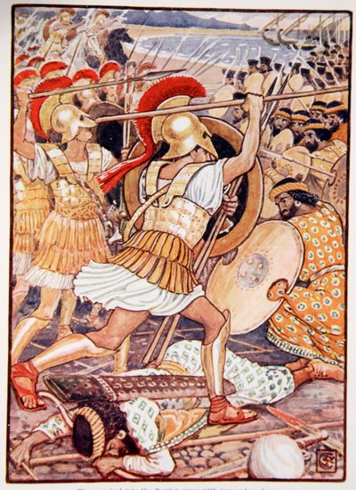 Eles colidiram com o Exército Persa com Força Tremenda, ilustração de "A História da Grécia", de Mary Macgregor, 1a edição, 1913 (impressão colorida) de Walter Crane